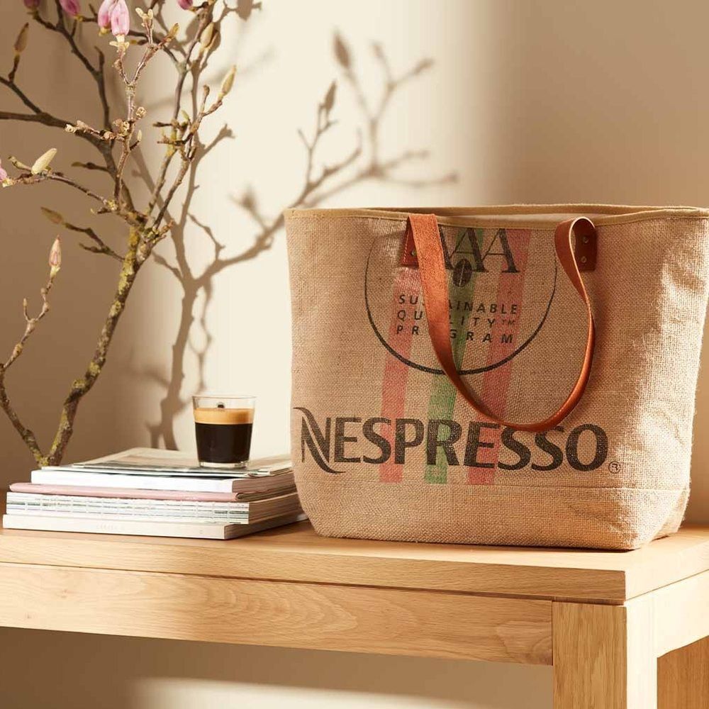 Nespresso Tan Jute Logo Double Leather Handles Tote Bag